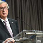 Juncker habla tras la firma del acuerdo comercial con Canadá, en Bruselas, el 30 de octubre.-AFP / JOHN THYS
