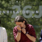 Carolina Bescansa, Pablo Iglesias e Íñigo Errejón, durante un acto de Podemos.-JOSE LUIS ROCA