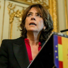 Dolores Delgado, durante su discurso de despedida del cargo de ministra de Justicia, el pasado lunes 13 de enero.-RICARDO RUBIO (EUROPA PRESS)