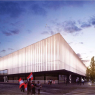 Reproducción del aspecto exterior de la nueva fachada de aluminio retroiluminada de la nueva grada de Lateral que recoge el proyecto básico de remodelación de El Plantío-EIC