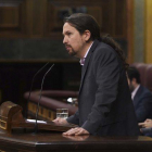 El líder de Unidas Podemos, Pablo Iglesias, en el debate de investidura-DAVID CASTRO