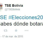 El tuit de la polémica, aparecido en la cuenta del Tribunal Supremo Electoral.-