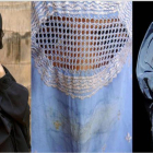 Una mujer con niqab (derecha) y las otras dos con el burka.-AFP
