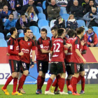 Los jugadores del CDMirandés festejan la consecución de un gol el pasado domingo en La Romareda-Espíritu Deportivo