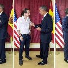De izquierda a derecha, Obama con Sánchez, Iglesias y Rivera, el pasado domingo.-WHITE HOUSE