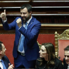 El ministro del Interior italiano, Matteo Salvini,  celebra la aprobación de la ley de legitima defensa en el Senado de Italia.-GIUSEPPE LAMI (EFE)