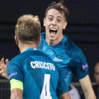 El delantero del Zenit, Luka Djordjevic, celebra el gol de la victoria de los rusos ante el Maccabi (3-4).-JACK GUEZ / AFP
