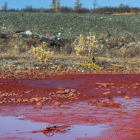 Imagen del río Daldykan con sus aguas contaminadas de color rojo a su paso por la región de la ciudad de Norilsk.-AFP