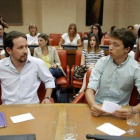 Pablo Iglesias, Íñigo Errejón y Alberto Garzón, el pasado jueves en el Congreso.-JOSÉ LUIS ROCA