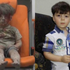 Omran Daqneesh, a la izquierda, el pasado agosto, tras un bombardeo en Alepo, y, a la derecha, en la actualidad.-