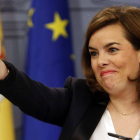 La vicepresidenta Soraya Sáenz de Santamaria, durante una rueda de prensa.-Foto: JUAN MANUEL PRATS