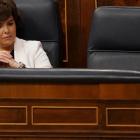La silla del presidente Rajoy permanece vacía al inicio de la sesión de hoy.-JOSE LUIS ROCA