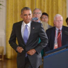 Obama se dispone a iniciar su rueda de prensa sobre el pacto nuclear con Irán en la Casa Blanca, en Washington, este miércoles.-