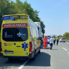 Una ambulancia junto al camión implicado en el accidente y agentes de Tráfico en la carretera N-I.