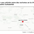 Mapa con el punto donde ha ocurrido el accidente en el que ha fallecido un varón de 50 años, en la VA-101 a las afueras de Peñafiel.