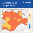 Mapa elaborado por la Aemet sobre el balance de la termperatura registrada en junio en CyL.