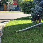 Un coche derriba una señal de tráfico y acaba en un jardín en Burgos.