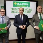 El director general de Caja Rural, Cipriano García, presenta el balance y cuenta de resultados del ejercicio 2025 de la entidad, junto al director de Comunicación y Relaciones Institucionales, Narciso Prieto, y el director territorial de Expansión, Alejandro Hidalgo Borbujo.
