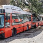 Autobuses urbanos de Burgos tras el incendio de las cocheras el pasado mes de abril.