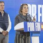 La vicesecretaria nacional de regeneración institucional del PP, Cuca Gamarra, y el presidente del PP en Burgos, Borja Suárez, durante su comparecencia de prensa.