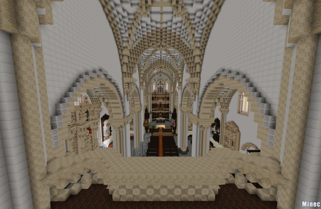 Reconstrucción con bloques de Minecraft del interior de la iglesia de Villegas.