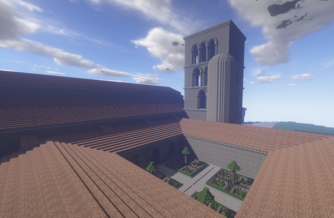 Reconstrucción con bloques de Minecraft del exterior de la versión románica de la Catedral.