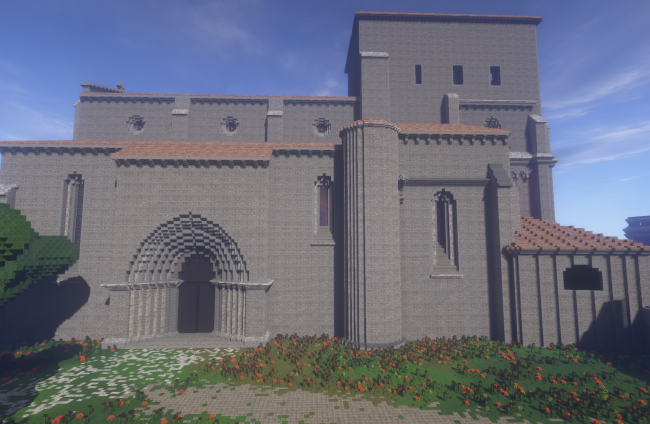 Reconstrucción con bloques de Minecraft del exterior de la iglesia de Villamorón.