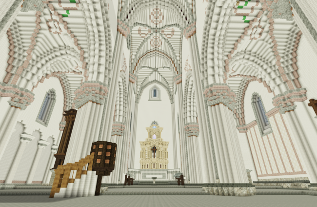 Reconstrucción en mundo Minecraft del interior de la iglesia de Villamorón.