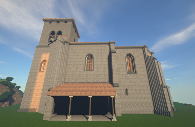 Recreación en Minecraft del exterior de la iglesia de Fuenteodra.