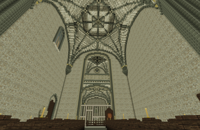 Recreación en Minecraft del interior de la iglesia de Fuenteodra. Las cúpulas y arcos son lo más complicado porque en el juego todos los bloques son cuadrados.