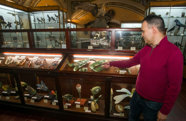 Daniel Domínguez, que trabaja en el desarrollo de la base de datos de los fondos del museo, muestra algunas de las creaciones destinadas a la enseñanza de agronomía a finales del XIX.