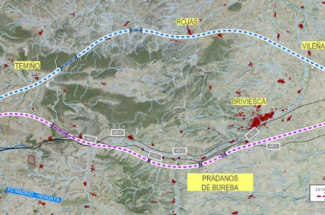 En este mapa se pueden observar las dos opciones para el tramo entre Burgos y Pancorbo, una paralela a la AP-1 y otra más al norte.-MINISTERIO DE FOMENTO