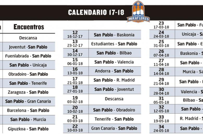 Calendario del San Pablo Burgos para la temporada 17/18.--ECB