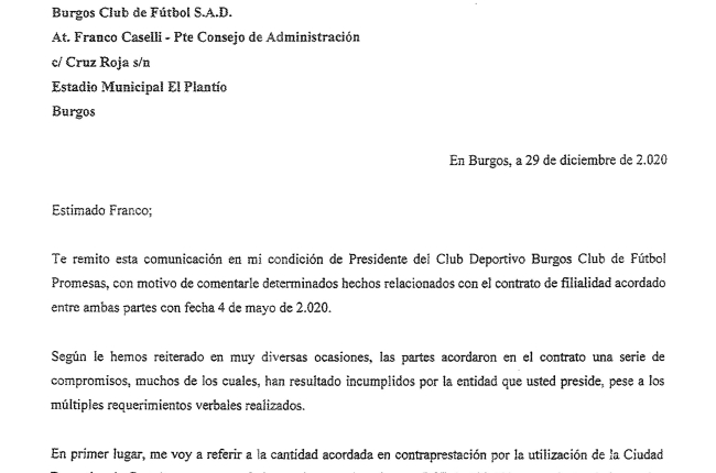 Escrito remitido al Burgos CF por el CD Burgos Promesas. ECB