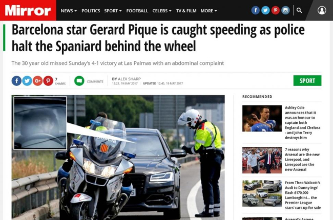 La noticia del 'Daily Mirror', desmentida por Piqué, según la cual fue detenido cuando circulaba a 190 km/h-