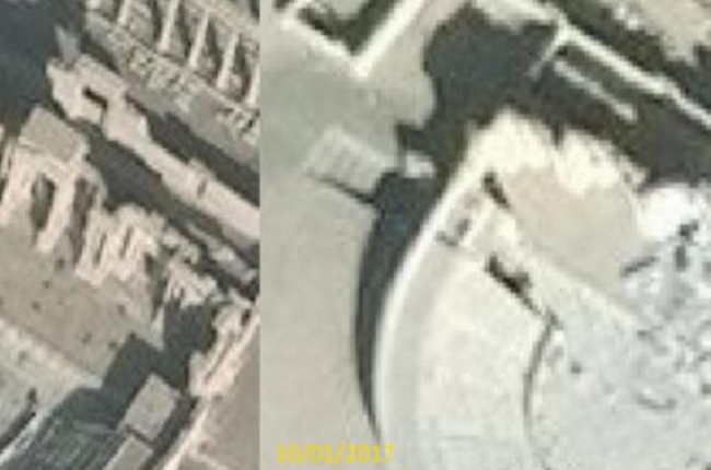 El teatro romano de Palmira, antes y después de los destrozos del Estado Islámico.-EL PERIÓDICO