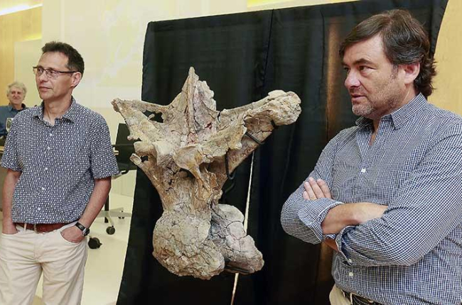 Torcida (izq.) y Canudo (dch.) posan junto a una vértebra dorsal del gran dinosaurio, ante la mirada del director científico del MEH, Juan Luis Arsuaga (al fondo).-R.O.