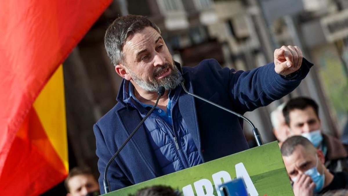 El líder nacional de Vox, Santiago Abascal, durante un mitin en Burgos. 