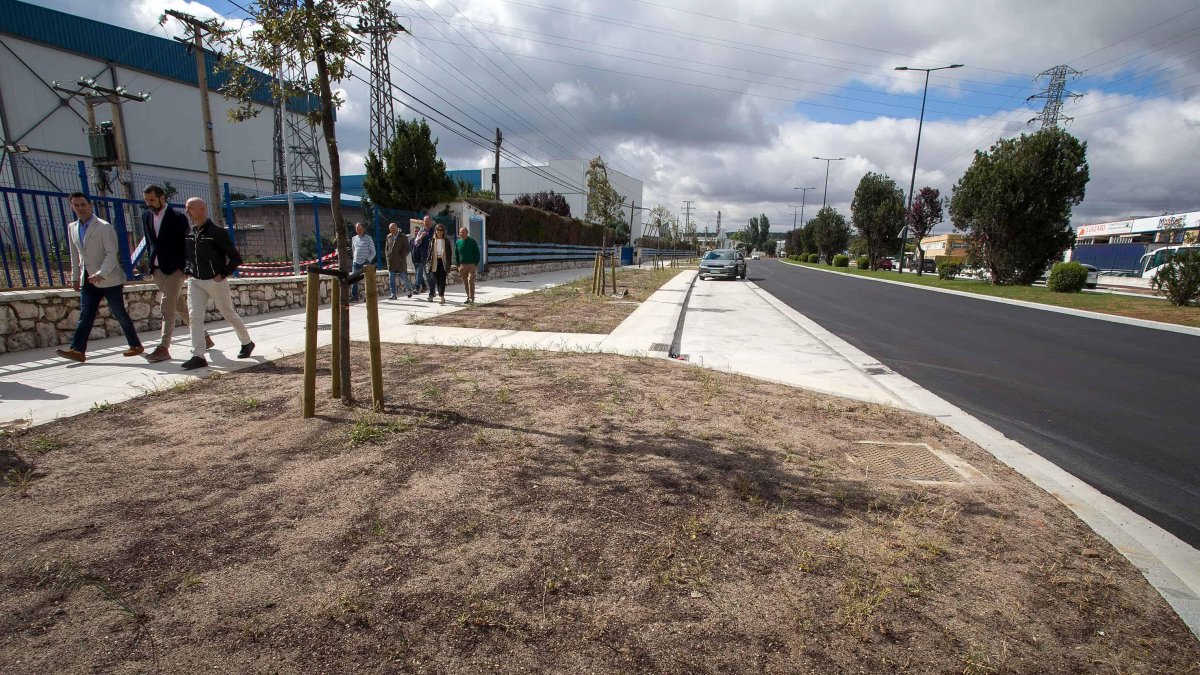 Zona ajardinada en la calle Alcalde Martín Cobos del polígono Burgos Este, tras su reforma.