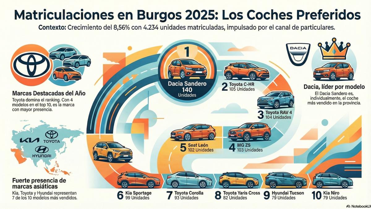 Los coches más vendidos en Burgos en 2025 Toyota Yaris Cross, Dacia Sandero y MG ZS.