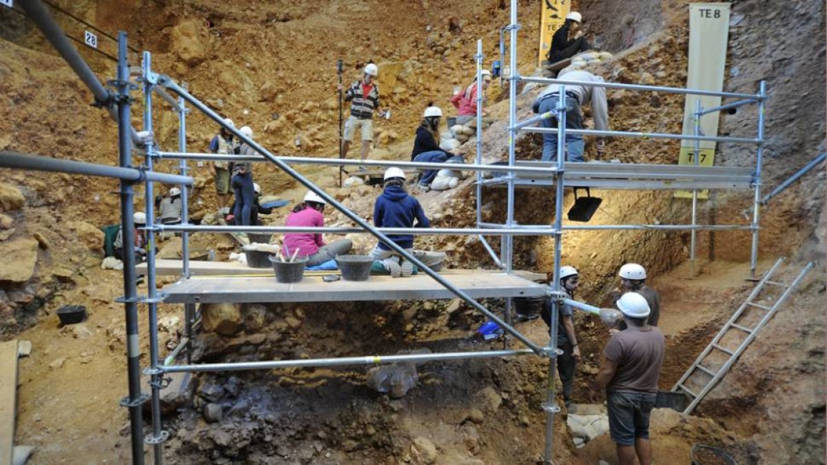 Trabajos en Sima del Elefante que se esconde bajo la trinchera del ferrocarril.-ISRAEL L. MURILLO
