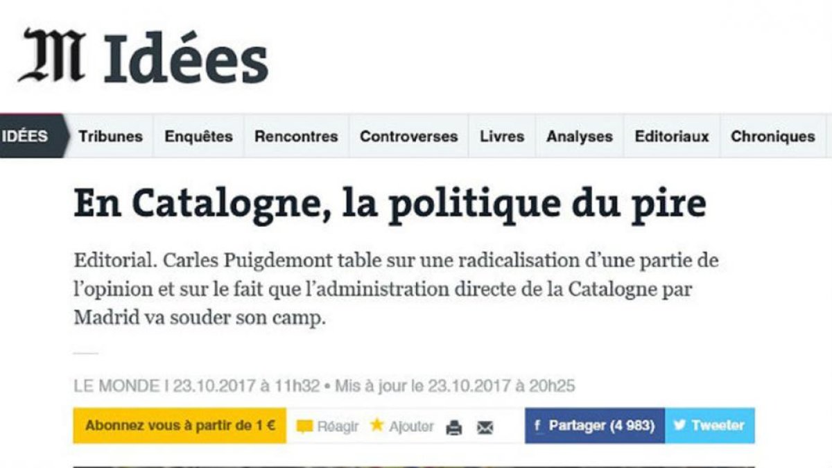 Captura del editorial de Le Monde sobre Cataluña de este 23 de octubre.-EL PERIÓDICO