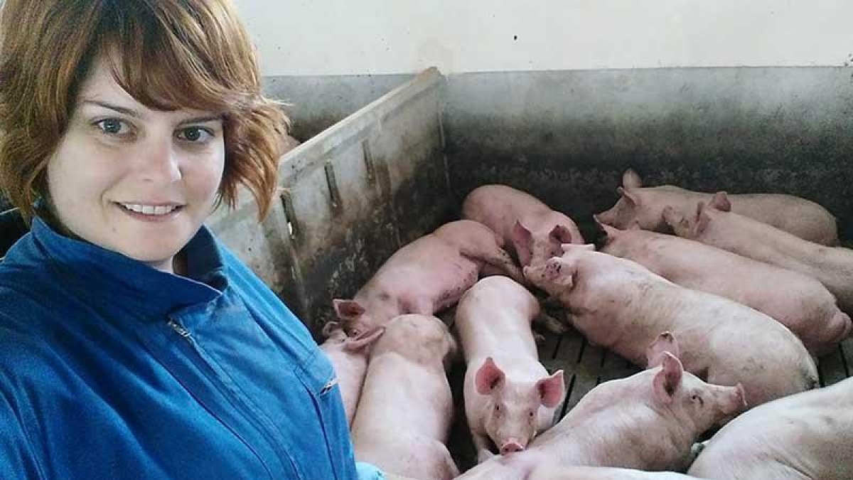 Marta Llorente junto a varios ejemplares de su explotación porcina, ubicada en el término municipal de Zazuar, en la Ribera del Duero.-ECB