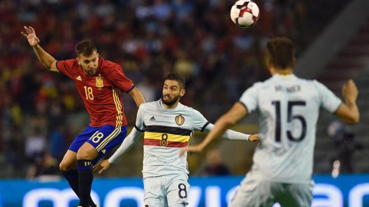 El azulgrana Jordi Alba, durante el partido amistoso Bélgica-España, celebrado en el estadio Rey Balduino, en Bruselas.-JOHN THYS