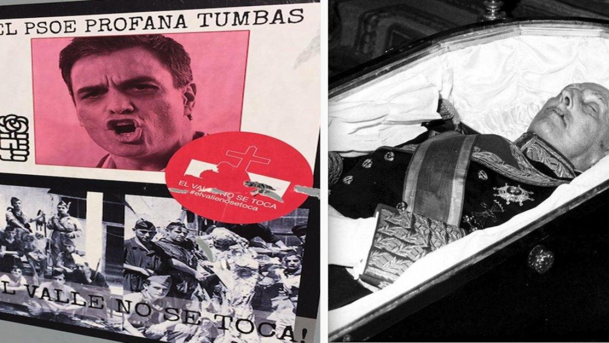 El proyecto del Gobierno de sacar a Franco del Valle de los Caídos ha calentado los ánimos de los últimos franquistas. A la izquierda, pasquín en una pared de Madrid. A la derecha, el cuerpo de Franco, expuesto al público en noviembre de 1975-