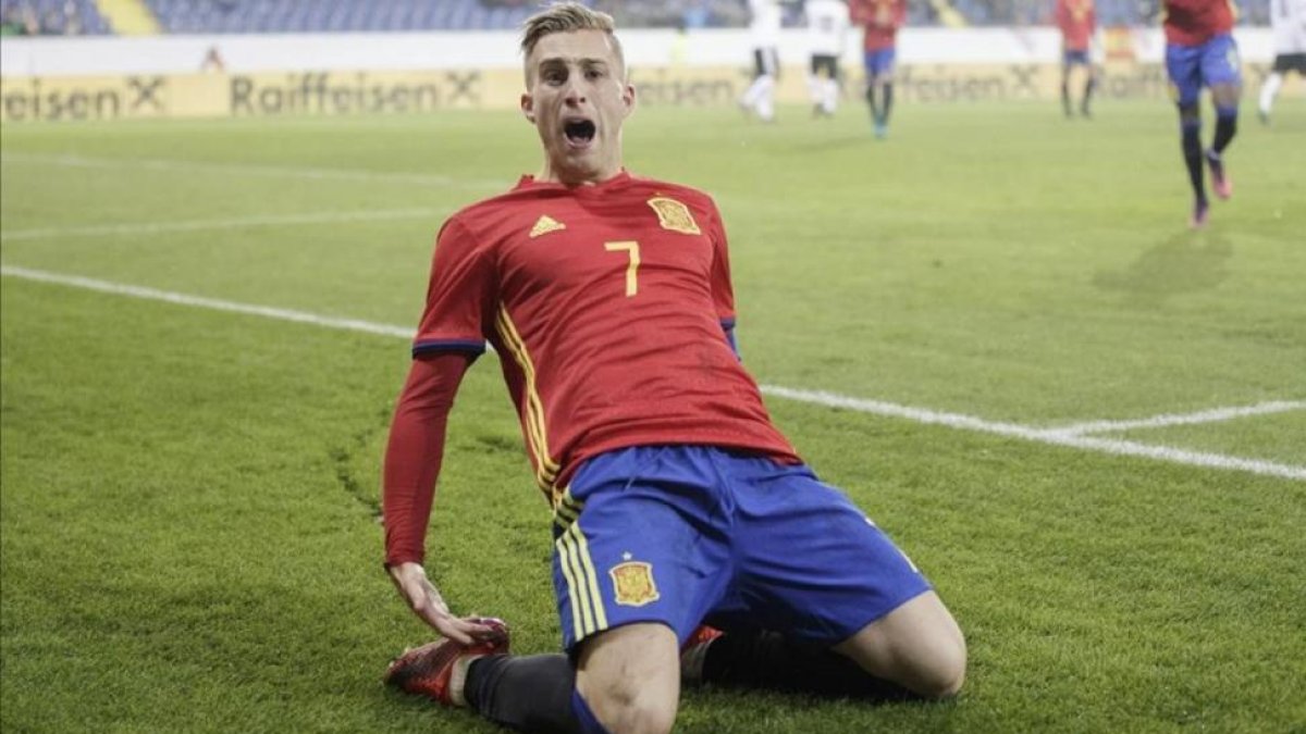 Gerard Deulofeu celebra un gol marcado a Austria en la fase de clasificación.-LISI NIESNER