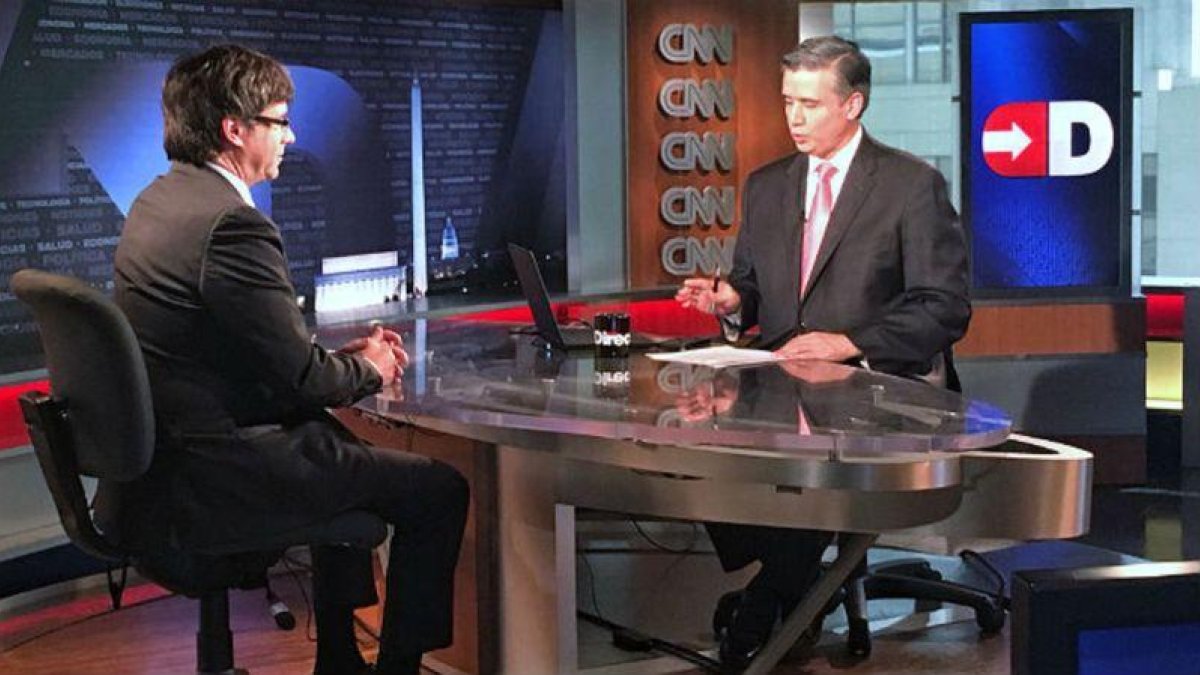 Carles Puigdemont durante la entrevista en el plató de la CNN en Washington.-