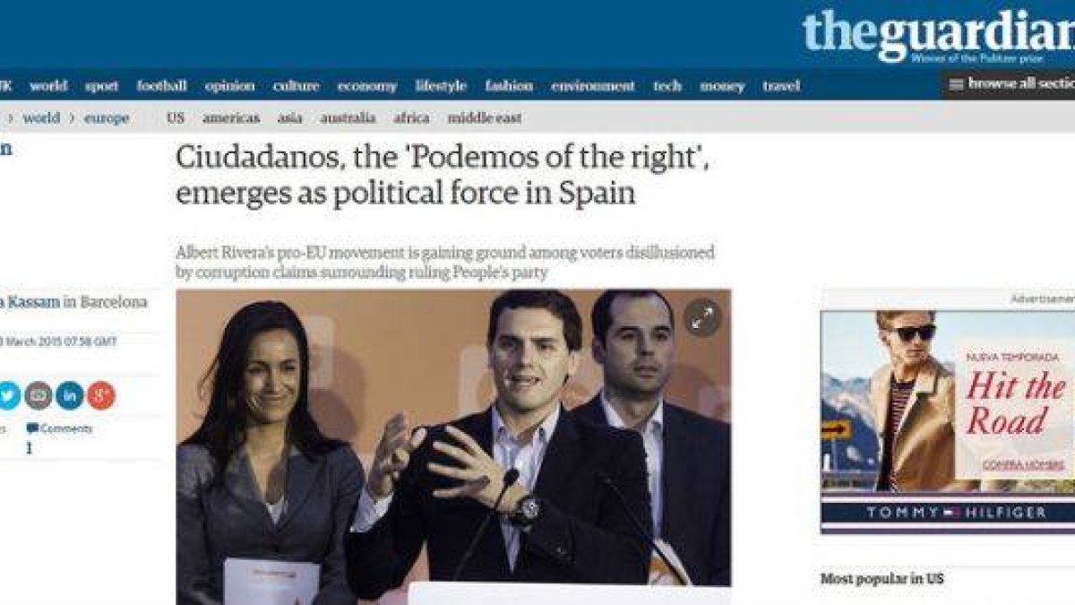 El artículo dedicado a Ciutadans y Albert Rivera, en 'The Guardian', este viernes.-