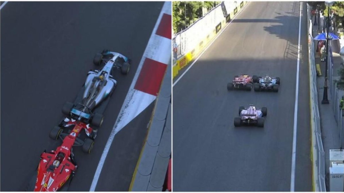 Los dos toques entre Vettel y Hamilton en Bakú.-