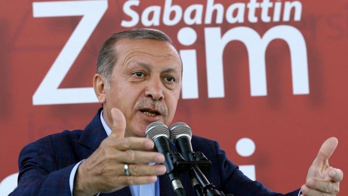 Erdogan se dirige a académicos y estudiantes en la Universidad Sabahattin Zaim, en Estambul, este domingo.-AP / YASIN BULBUL